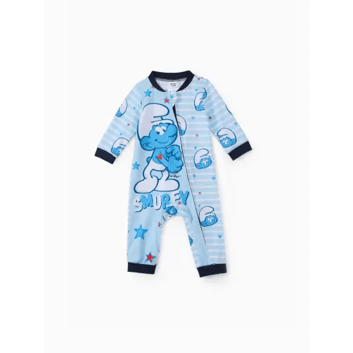 Smurfs Baby Boy Allover Print Striped Zipper Long-sleeve Jumpsuit