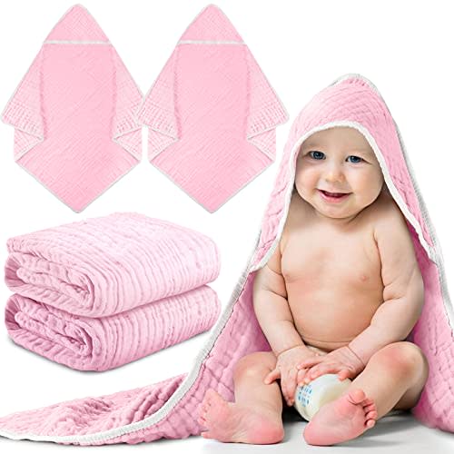 Chumia 2 Pieces Muslin Baby Bath Towel, Cotton Newborn Hooded Towel for Kids, 32x32Inch Hooded Baby Bath Blanket Towel for Babies Toddler Infant Shower Gift Supply, Soft and Absorbent (Pink)