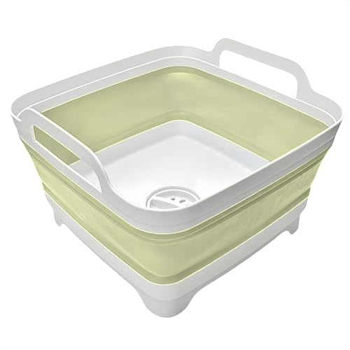 Collapsible Wash Basin 9L, Foldable Dish Tub with Drain Plug, Portable Collapsible Dish Basin, Camping Sink for Washing Dishes, Laundry & Kitchen Use (Green)