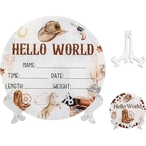 Acrylic Baby Birth Announcement Sign with Stand, Western Cowboy Theme Double-Sided Newborn Name Board, Hello World Milestone Card for Welcome Baby Hospital Nursery Gift Photo Prop