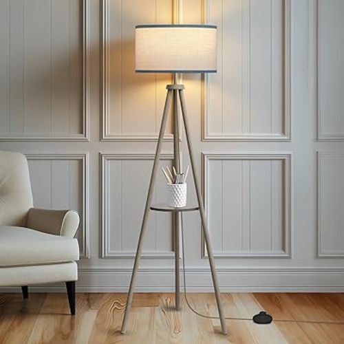 Floor Lamps for Living Room, Modern Standing Lamp with Shelf, 3 Color Temperature Led Bulb Tall Lamps with Foot Switch for Bedroom and Office, Grey