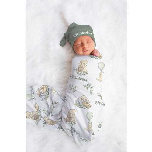 Winnie the Pooh Swaddle set -Personalized Baby Boy Winnie the Pooh Blanket Hat Set - Classic Pooh Coming Home Oufit -Baby shower gift sbs615
