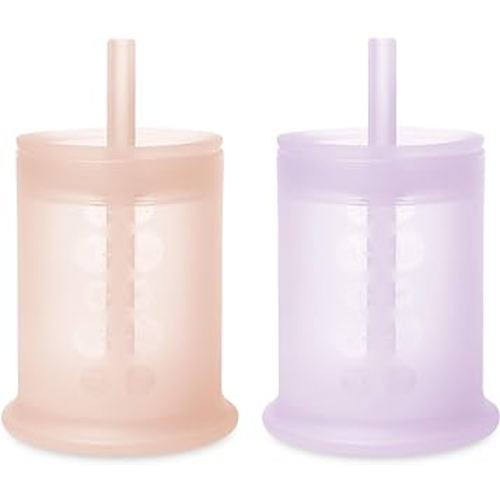 Olababy Silicone Training Cup with Straw Lid Bundle 5oz Coral + 5oz Lilac