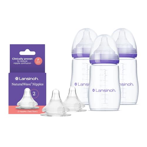 Lansinoh NaturalWave Fast Flow Nipples (2 ct) + 8 oz Anti-Colic Baby Bottles (3 ct) with Medium Flow Nipples, BPA/BPS-Free, Soft Silicone for Comfortable Feeding