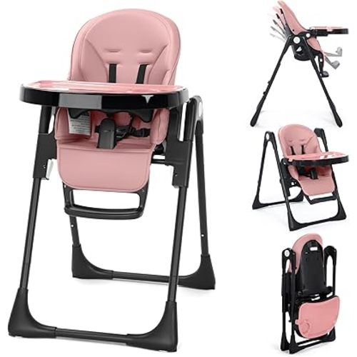 Kinder King Convertible High Chair for Babies & Toddlers, Adjustable Baby Feeding High Chair with Removable Double Tray, Simple Compact Fold for Space-Saving, 2 Built-in Wheels, Easy to Clean, Pink