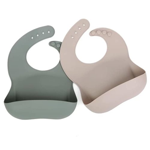 Ginbear Silicone Bibs for Babies, Waterproof Baby Feeding Bibs with Food Catcher Pocket, Adjustable Silicon Bibs for Toddlers (Dark Sage/Almond) - Dark Sage + Almond