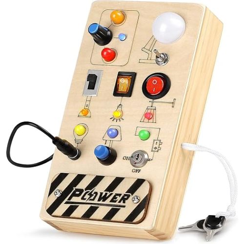 Joyreal Montessori Busy Board Toy for Toddlers, LED Wooden Sensory Board with 8 Switch Light Designs, Early Activity Motor Skills Educational Toys for Toddler 1 2 3 Year Old Boys Girls