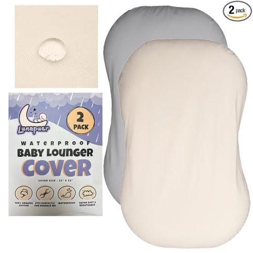 100% Waterproof Baby Lounger Cover - 2-Ply Organic Cotton Slipcovers Keep Your Lounger Clean & Your Baby Comfy - Machine Washable - (Lounger Not Included) - 2-Pack Includes Gray & Off-White