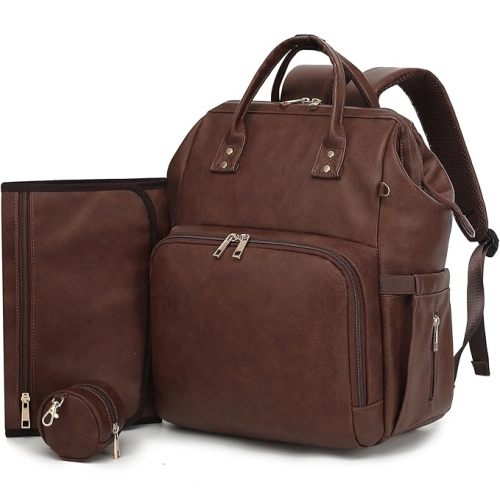 Premium Vegan Leather Diaper Bag Backpack with Waterproof Changing Pad – Reinforced Stitching & Zippers, Baby Bag for Boy Girl, Stroller Straps, Fits 15.6" Laptop for Work Moms, Dark Brown