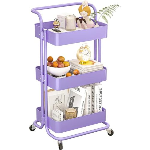 3-Tier Metal Rolling Cart with Wheels, Utility Storage Cart, Multifunctional Organizer Storage for Kitchen, Bedroom, Office, Laundry Room, Dorm Room Essentials (Purple)