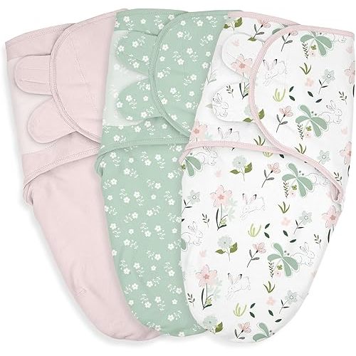 Baby Swaddle Sacks, 3-Pack Newborn Organic Cotton Swaddle Wrap, Adjustable Swaddle Blankets, Nursery Swaddling Essentials for Newborn 0-3 Months, Infant Shower Items Gift (Flowers & Rabbits)