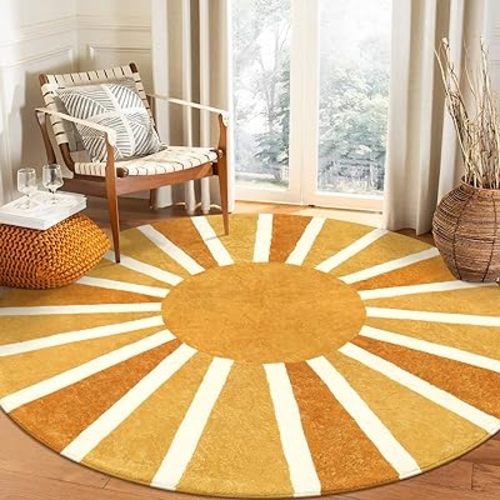 Lahome Boho Round Rugs - 4Ft Washable Non-Slip Small Round Area Rug Throw Soft Sofa Kids Nursery Room Rug Rainbow Sun Print Distressed Round Carpet for Bedroom Entryway Living Room Dining Room