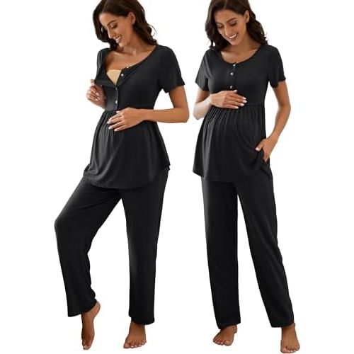 JiniGolla Women's Maternity Nursing Pajama Set Breastfeeding Loungewear Mama Clothes Short Sleeve Top & Pants Pregnancy PJS