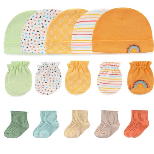 Newborn Baby Boy Girl Caps Mittens Socks Set Cotton Baby Essentials Accessories (Hats+Gloves+Socks)