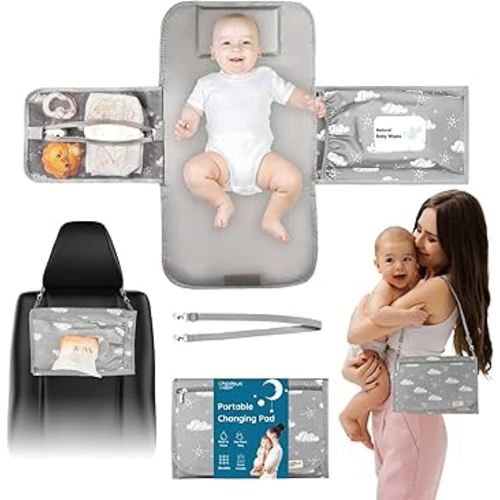 Portable Diaper Changing Pad - Travel Waterproof Baby Changing Mat with Shoulder Strap - Foldable Diaper Changing Station with Wipes Pocket, Newborn Shower Gifts