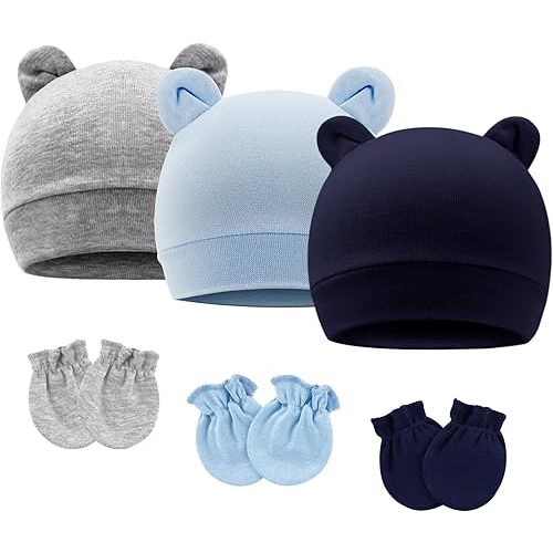 Newborn Baby Hat and Mittens Set Bear Ears Toddler Infant Beanie Caps Newborn Hospital Hat for Baby Boy Girl 0-3 Months