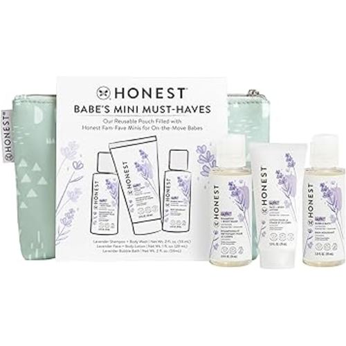 The Honest Company Babe's Mini Must Haves Gift Set | Travel Size Hypoallergenic Lavender Bathtime Essentials | Shampoo + Body Wash (2 fl oz), Face + Body Lotion (1 fl oz), Bubble Bath (2 fl oz)