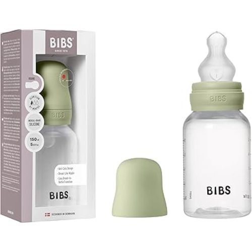 BIBS Baby Bottle 5 oz / 150 ml Silicone Nipple - Anti-Colic, BPA-Free, Round Nipple, Slow Flow, Lightweight & Easy to Clean, Suitable for Newborns 0+ Years - Sage
