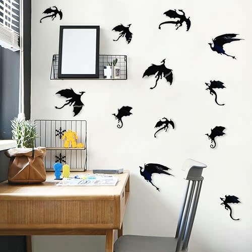 14 PCS 3D Dragon Wall Decals Creative Dragon PVC Wall Stickers Self-Adhesive Dragon Wall Art Decor for Kids Room Playroom Classroom Holiday Decoration, Black, DD008