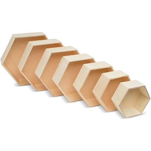 Woodpeckers Wooden Hexagon Floating Shelves with Backs, Set of 7, Unfinished for Crafts and DIY Wall Décor: Modern, Geometric, Rustic, or Honeycomb