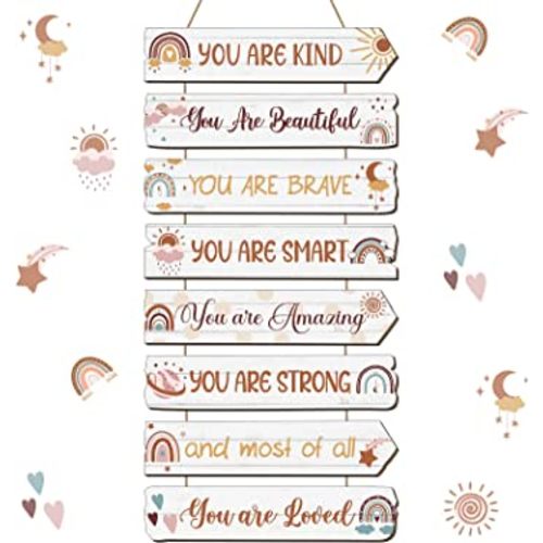 Inspirational Girl Room Decor Aesthetic Art Wall Hanging Sign Inspiring Colorful Rainbow Wooden Decoration for Kids Teens Toddler Boy Baby Bedroom Nursery Dorm Decor, 6-12 Years old (Boho)