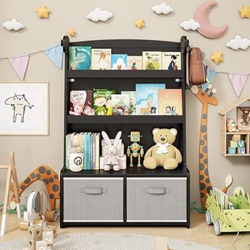 WISUCART Kids Bookshelf withToy Storage Organizer, 3 Tier Bamboo Todders Book Shelf Large Book Rack for Child Room Playroom Nursery for Kids, Children, Toddlers (Black)