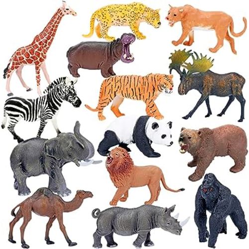 BOLZRA Safari Animals Figures Toys, Realistic Jumbo Wild Zoo Animals Figurines Plastic African Jungle Animals Playset for Kids Toddlers, 14 Piece Gift Set