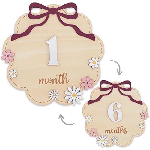 Wooden Baby Monthly Milestone Sign Set with Pink Bow, 1–12 Month Cloud Shape Photo Prop, Floral Baby Girl Growth Tracker Nursery Decor (Berry)