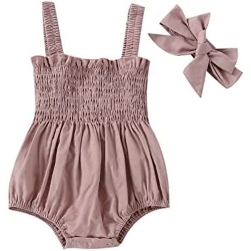 FOMOYUU Newborn Baby Girl Romper Summer Sleeveless Smocked Cotton Linen Clothes Outfit with Headband