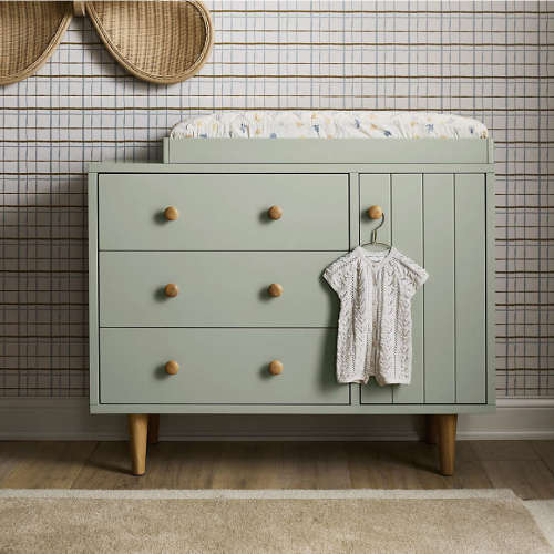 Finn 44" Narrow Sage Green Wood 3-Drawer Kids Dresser with Door