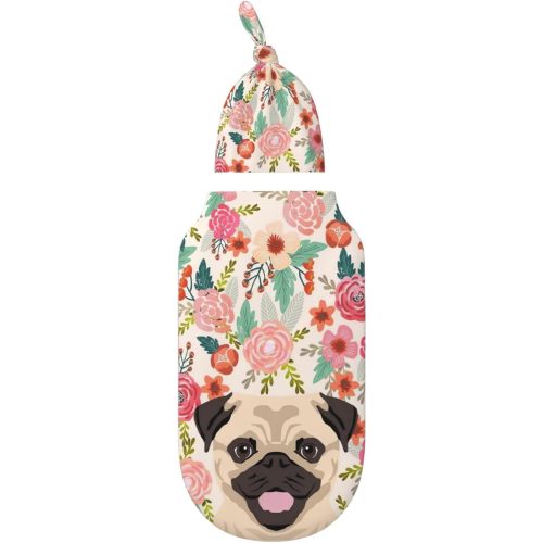 New Born Hospital Outfit Infant Shower Gift,Pug Dogs Floral Boho Flowers Baby Swaddle Blanket with Hat Headband Set,Baby Stuff Receiving Blanket Gifts, 0-6 Months