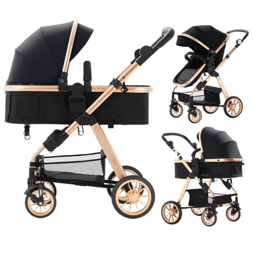 Blahoo Baby Stroller for Toddler,Bassinet Stroller,Foldable Aluminum Alloy Pushchair with Adjustable Backrest,Adjustable Direction Gold Black.