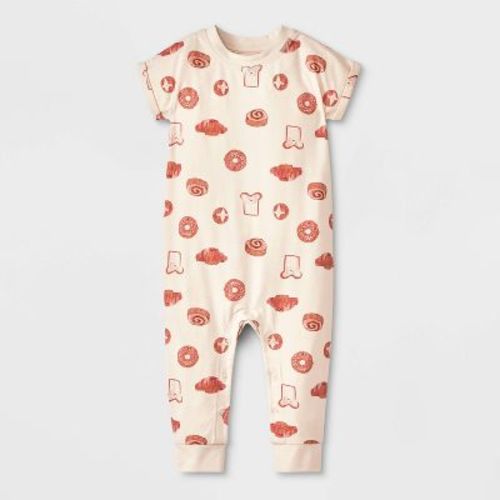Baby Girls' Printed Pastry Romper - Cat & Jack™ Beige 0-3M: Cotton Blend, Long Sleeve, Crotch Snap, Lap Shoulder Design