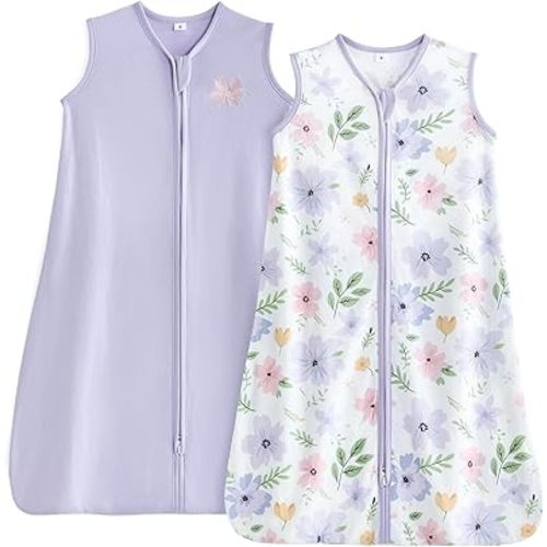 TILLYOU Sleep Sack 6-12 Months - 0.5 TOG Baby Wearable Blanket with 2-Way Zipper, Lightweight Cotton Summer Sleeping sack 2 Pack, Brilliant little flowers and purple