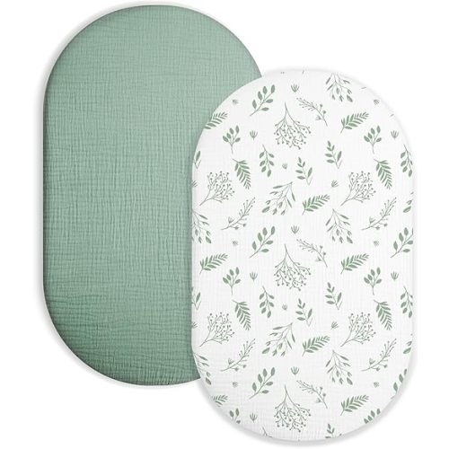 Bassinet Sheet for Baby Boy and Girl 2 Pack, Fitted Sheets for Rectangle, Oval, Hourglass Bassinet Mattress, Muslin Moses Basket Sheets with Neutral Style(Fern - Leaf & Sage)