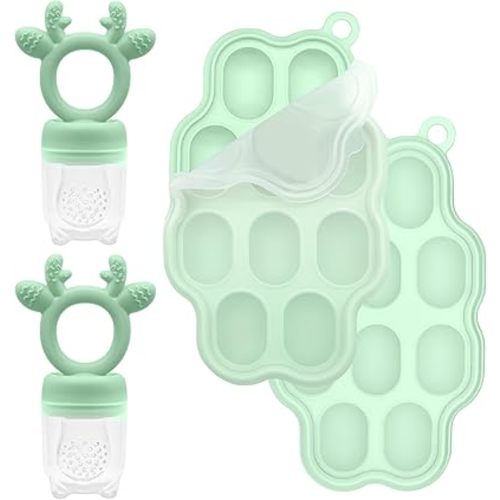 2 Sets Silicone Breastmilk Popsicle Molds with Baby Food Feeder, BPA Free Fruit Feeder Pacifier with Frozen Ice Tray for Baby Feeding Safely, Infant Fruit Teething Toy for Baby Boy Girl Gifts (Green)