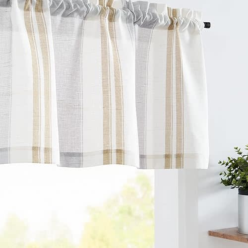 jinchan Striped Valance Farmhouse Window Treatment Linen Textured Drapes for Small Windows Kitchen Living Room RV Vintage Light Filtering Valance 16 Inch Rod Pocket 1 Panel Taupe and Grey Stripe