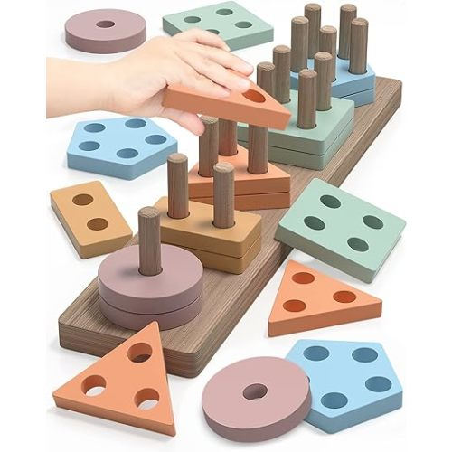 Montessori Toys for 1 2 Year Old Boy and Girl, Shape Sorter Wooden Toys for Toddlers 1-3, Toddler Toys Age 1-2, 1 2 Year Old Girl Boy Gifts, Education Toddler Puzzles Toys - Coffee