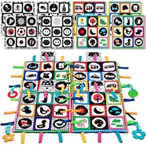 Tummy Time Floor Mirror, Double High Contrast Play and Pat Activity Mat Black and White Baby Crinkle Toys with Teether, Great Gift for Infants Boys and Girls -Pack of 4 (Complex Patterns)
