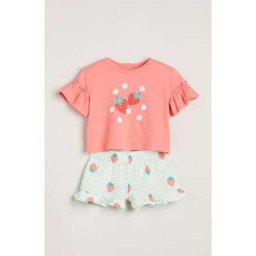 Print Flutter Sleeve Cotton Graphic T-Shirt & Shorts Set, 6M