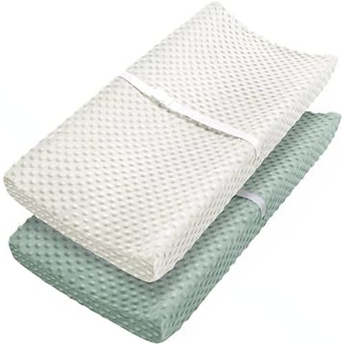 Changing Pad Cover, Ultra Soft Minky Dots Plush Changing Table Covers for Baby Girls and Boys, 2 Pack (Roman Green & Lily White)