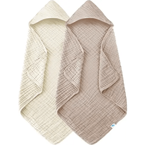 SWEET DOLPHIN Muslin Hooded Baby Bath Towels - 2 Pack 100% Cotton Towel for Babies, Infants, Toddlers - 32x32Inch - Highly Absorbent and Newborn Essential, Ivory and Brown