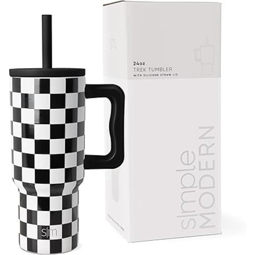 Simple Modern Kids 24 oz Tumbler with Handle and Silicone Straw Lid | Spill Proof and Leak Resistant | Stainless Steel Bottle | Gift for Kids Boys Girls | Trek Collection | Black and White Checkmate
