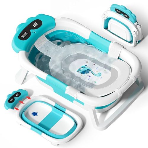 AVIDOR Baby Bathtub,Collapsible Bathtub for Newborn to Toddler,Durable Essential Infant Bath Tub,Portable Travel Baby Tub with Soft Bath Net,No-Slip Feet and Dinosaur Shaped (Light Blue)