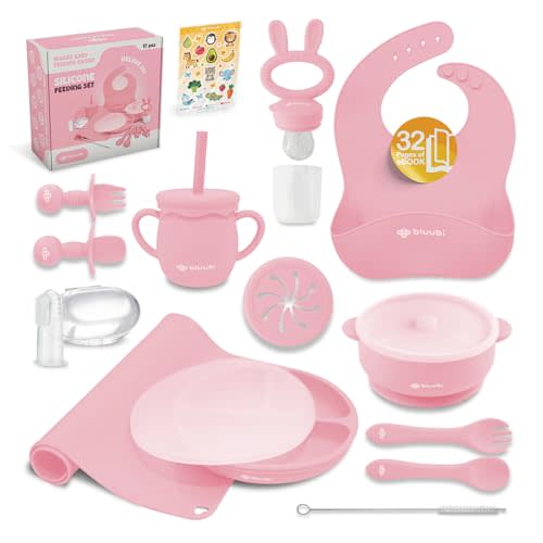 Bluubi Silicone Baby Feeding Set - Infant Tableware for First Foods & Baby, Led Weaning (0+ Months), Easy to Clean, Durable, Perfect for Baby Boy or Girl, Solid Feeding - Pink - Deluxe