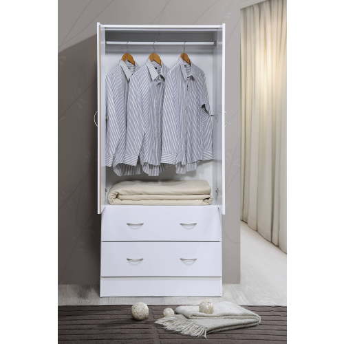 Hodedah Two Door Wardrobe with Two Drawers and Hanging Rod, White