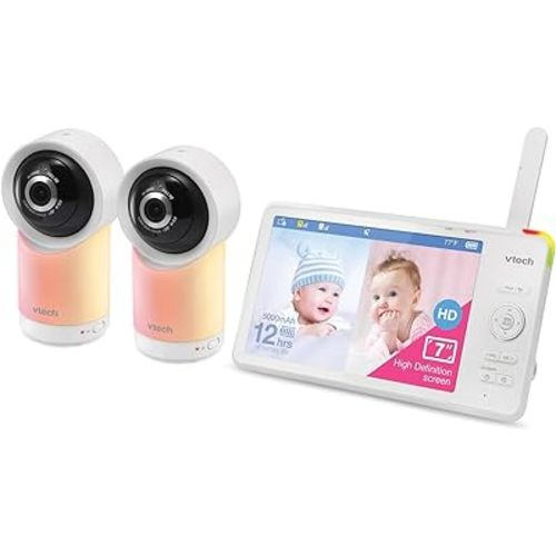 VTech RM7766-2HD RM77662HD Smart Wi-Fi 1080p 2-Camera 360°-Pan-and-Tilt Video Baby Monitor System with 7-in. Display, Night-Light, and Remote Access, White