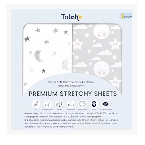 TotAha Premium Soft Pack n Play Sheets, Super Stretchy Jersey Knit Mini Crib Sheets Fitted, Silky Comfort Graco Pack and Play Mattress Sheets 2-Pack, Moon & Grey Sky