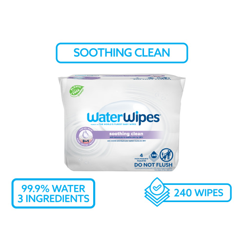 WaterWipes Soothing Clean 99% Water Based Botanical Baby Wipes, 4 Resealable Packs (240 Wipes)