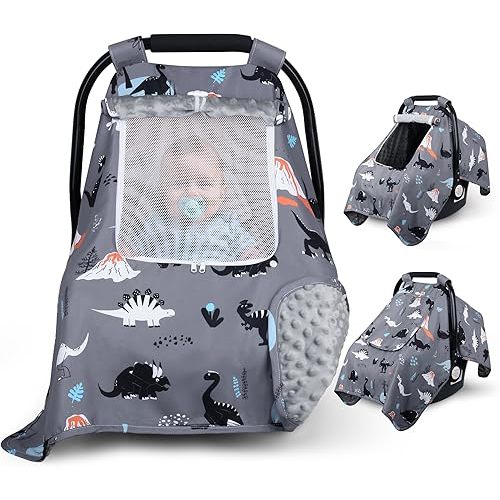 Car Seat Cover Baby, Carseat Covers Baby with 2 Layers Breathable Zipper Windows, Windproof Infant Car Seat Cover, Kick-Proof Baby Carrier Cover for Baby Boy Newborn Essentials